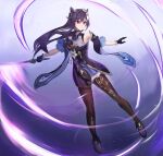  1girl bangs black_gloves black_legwear braid choker commentary_request detached_sleeves double_bun eyebrows_visible_through_hair genshin_impact gloves gradient gradient_background hair_between_eyes hair_cones hair_ornament highres holding holding_sword holding_weapon keqing_(genshin_impact) long_hair purple_eyes purple_hair sidelocks simple_background single_braid solo subu_art sword twintails weapon wide_sleeves 