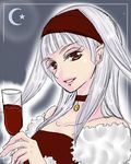  1girl alcohol choker crescent_moon cup female gensou_suikoden gensou_suikoden_ii hairband jujube long_hair lowres moon pointy_ears red_eyes sierra_mikain silver_hair solo suikoden suikoden_ii wine wine_glass 