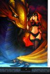  absurdres black_legwear blonde_hair blue_skin chain claws crop_top crystal dragon eye_contact frilled_legwear frills green_eyes hand_on_another's_face highres hindel hood horns long_hair looking_at_another looking_away midriff navel non-web_source odin_sphere official_art open_mouth petting polka_dot purple_eyes scales scan shigatake short_shorts shorts sidelocks skirt standing star striped striped_legwear thigh_gap thighhighs velvet_(odin_sphere) wide_hips yellow_skin zettai_ryouiki 