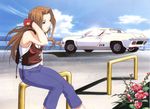  artist_request brown_hair car endou_lorna ex-driver gloves ground_vehicle highres lotus_(brand) lotus_europa motor_vehicle scan solo 