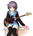  guitar headphones nagato_yuki sano_toshihide seifuku suzumiya_haruhi_no_yuuutsu thigh-highs 