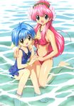  2girls age_difference animal_ears anklet arm_around_neck bangs barefoot bikini blue_eyes blue_hair blue_swimsuit blush bow bracelet breasts brooch casual_one-piece_swimsuit child cleavage clenched_hand crease feet flat_chest flower frilled_swimsuit frills front-tie_bikini front-tie_top galaxy_angel hagiya_yasunari hair_between_eyes hair_flower hair_ornament hairband hand_holding hand_on_another's_shoulder happy highres hug interlocked_fingers jewelry kneeling long_hair looking_at_viewer megami milfeulle_sakuraba mint_blancmanche multiple_girls navel necklace official_art one-piece_swimsuit outdoors partially_submerged pink_bikini pink_hair scan short_hair side-tie_bikini sideboob sidelocks sitting smile swimsuit very_long_hair wading water yellow_eyes 