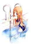  competition_swimsuit from_behind highres long_hair looking_back one-piece_swimsuit orange_hair original partially_submerged pool pool_ladder poolside red_eyes skinny solo sumi_keiichi swimsuit translucent_hair water 