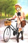  1girl 80s :d arm_behind_back bag bangs basket beret bicycle bicycle_basket black_bow black_legwear blazer blue_eyes blurry bow brown_footwear dated day depth_of_field elpeo_puru eyelashes full_body ground_vehicle gundam gundam_zz hat highres jacket kitazume_hiroyuki kneehighs lips lipstick long_sleeves looking_at_viewer makeup mascara oldschool open_mouth orange_hair outdoors pavement pushing_bicycle road satchel shoes short_hair shoulder_bag signature skirt smile socks solo standing street vanishing_point white_skirt wing_collar 