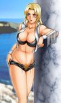  beach blonde_hair blue_eyes blush breasts day dead_or_alive kitamura_(bamboo) large_breasts muscle nipple_slip nipples outdoors pubic_hair solo tina_armstrong 