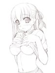  areolae blush bow breast_suppress breasts fate/stay_night fate_(series) greyscale gym_uniform hair_bow large_breasts matou_sakura monochrome no_bra open_mouth shirt_lift sin-go sketch solo underboob 