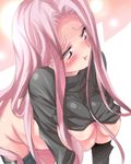  :t blush breasts cleavage fate/stay_night fate_(series) large_breasts long_hair long_sleeves pout rider shiranagi solo 