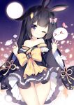 1girl 1other :3 animal_ears arms_up ass_visible_through_thighs bangs bare_shoulders black_hair blue_kimono blunt_bangs bow carrot_hair_ornament food-themed_hair_ornament full_moon hair_bow hair_ornament hairclip japanese_clothes kimono long_hair moon night night_sky off_shoulder one_eye_closed original outdoors purple_eyes rabbit_ears ribbon short_kimono sky smile star_(sky) starry_sky thigh_gap thighs tsukimi_(xiaohuasan) wind wind_lift 