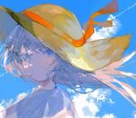  1girl blue_eyes blue_sky blush brown_hair cloud commentary_request condensation_trail cumulonimbus_cloud day dot_nose hat highres looking_at_viewer original outdoors red_ribbon ribbon sky solo straw_hat summer twitter_username warabimoti_yoz 