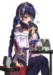  1girl bangs black_legwear blush bottle braid breasts bridal_gauntlets cleavage commentary drinking drunk eyebrows_visible_through_hair genshin_impact hair_ornament highres japanese_clothes long_hair medium_breasts purple_hair raiden_shogun ranf simple_background single_braid sitting solo symbol-only_commentary thighhighs white_background wide_sleeves 
