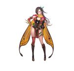  1girl absurdres alternate_costume armor asymmetrical_legwear bangs belt boots breasts brown_eyes brown_hair cape cleavage closed_mouth commentary dress fire_emblem fire_emblem_fates fire_emblem_heroes full_body hair_ornament hair_over_one_eye hand_on_hip highres kagero_(fire_emblem) kakage knee_boots large_breasts long_hair looking_at_viewer official_art pelvic_curtain shiny shiny_hair shiny_skin short_dress simple_background single_thighhigh solo standing thighhighs thighs thorns tied_hair white_background 