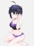  1girl :o ahoge arm_support bad_id bad_pixiv_id bandaged_arm bandages bangs bare_legs bare_shoulders barefoot bikini black_bikini black_hair blush breasts chuunibyou_demo_koi_ga_shitai! cleavage collarbone commentary eyebrows_visible_through_hair eyepatch foot_out_of_frame frills from_side green_eyes grey_background gunu_(nyzn3223) hair_ribbon hand_up highres large_breasts looking_at_viewer medium_breasts navel one_side_up open_mouth orange_ribbon ribbon shiny shiny_hair short_hair simple_background sitting solo stomach swimsuit takanashi_rikka white_background white_eyepatch yokozuwari 
