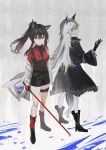  2girls absurdres animal_ear_fluff animal_ears arknights bangs black_footwear black_gloves black_hair black_jacket black_shorts boots breasts brown_eyes chihuri closed_mouth collared_shirt commentary_request eyebrows_visible_through_hair fur-trimmed_jacket fur_trim gloves grey_eyes grey_hair grin hair_between_eyes high_heel_boots high_heels highres holding jacket lappland_(arknights) lappland_(refined_horrormare)_(arknights) long_hair long_sleeves multicolored_hair multiple_girls off_shoulder official_alternate_costume open_clothes open_jacket ponytail red_gloves red_hair red_legwear red_shirt sharp_teeth shirt short_shorts shorts small_breasts smile socks standing striped striped_shorts tail teeth texas_(arknights) texas_(willpower)_(arknights) two-tone_hair vertical-striped_shorts vertical_stripes very_long_hair white_jacket wide_sleeves 