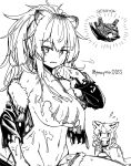  2girls animal_ears arknights breasts cleavage commentary flying_sweatdrops fur-trimmed_jacket fur_trim greyscale groin jacket large_breasts lion_ears long_hair looking_at_viewer monochrome multiple_girls navel open_clothes open_jacket originium_slug_(arknights) out-of-frame_censoring ponytail shirt shorts siege_(arknights) simple_background sitting sussurro_(arknights) torn_clothes torn_jacket torn_shirt torn_shorts twitter_username underboob v-shaped_eyebrows wardrobe_malfunction white_background wiping_face yom_(ymayma00ss) |_| 