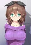  1girl aikawa_mawari artist_name bangs black_ribbon blush breasts brown_hair closed_mouth commentary_request eyebrows_visible_through_hair glasses green_eyes hair_between_eyes hair_ribbon highres large_breasts multicolored_hair nazo_no_lililith off-shoulder_sweater off_shoulder purple_hair purple_sweater ribbed_sweater ribbon signature smile solo streaked_hair sweater tyone upper_body 