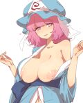  1girl :3 areola_slip areolae bangs blue_headwear blue_kimono breasts breasts_outside collarbone commentary_request eyebrows_visible_through_hair half-closed_eyes hands_up hat heart huge_breasts japanese_clothes kimono large_areolae long_sleeves looking_at_viewer medium_hair mob_cap navel nipples obi off_shoulder parted_lips pink_eyes pink_hair saigyouji_yuyuko sash shiny shiny_skin simple_background single_bare_shoulder smile solo touhou triangular_headpiece upper_body urin w_arms wavy_hair white_background wide_sleeves 