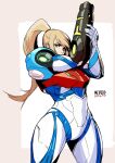  1girl arm_cannon armor bangs blonde_hair blue_eyes cowboy_shot gun highres long_hair looking_at_viewer metroid metroid_dread mikoyan ponytail power_armor power_suit samus_aran science_fiction sidelocks simple_background solo weapon white_background 