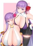  2girls bangs bare_shoulders bb_(fate) bb_(fate/extra) bikini bikini_top black_skirt blush breasts claw_(weapon) claws commentary criss-cross_halter fate/extra fate/extra_ccc fate/grand_order fate_(series) gigantic_breasts gloves hair_ribbon halterneck high-waist_skirt highres huge_breasts kitajima_yuuki leaning_forward long_hair looking_at_viewer looking_to_the_side multiple_girls o-ring one_eye_closed open_mouth passionlip_(fate) pink_eyes pink_ribbon purple_bikini purple_eyes purple_hair red_ribbon ribbon skirt smile swimsuit thighs very_long_hair weapon white_gloves 