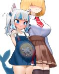  2girls :3 @_@ animal_ear_fluff animal_ears blonde_hair blue_dress blue_hair blush breasts brown_skirt bulge cat_ears closed_mouth collared_shirt covered_eyes dress eyebrows_visible_through_hair fish_tail flat_chest full-face_blush gawr_gura hair_over_eyes height_difference highres hololive hololive_english if_they_mated implied_futanari large_breasts looking_down multicolored_hair multiple_girls nervous pinafore_dress pleated_skirt pregnant shaded_face shark_tail shirt shirt_tucked_in side_ponytail silver_hair skirt smile smol_ame streaked_hair tail thighhighs virtual_youtuber watson_amelia white_background white_shirt wllmagic x-ray 