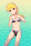  1girl ahoge bangs bikini blonde_hair brown_bikini brown_eyes closed_mouth commentary enjienjin frilled_swimsuit frills from_above highres long_hair looking_at_viewer lying navel on_back own_hands_together partially_submerged pokemon pokemon_adventures side-tie_bikini solo swimsuit water yellow_(pokemon) 