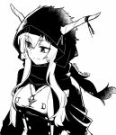  1girl arknights breasts commentary demon_horns eyebrows_visible_through_hair greyscale hair_between_eyes hood hood_up horns horns_through_hood long_hair looking_to_the_side medium_breasts monochrome scarf shining_(arknights) sidelocks simple_background solo twitter_username upper_body white_background yom_(ymayma00ss) 