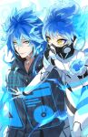  2boys armor bangs blue_fire blue_hair brothers chorefuji closed_mouth commentary_request eyebrows_visible_through_hair fiery_hair fire hair_between_eyes idia_shroud jacket long_hair mask mouth_mask multiple_boys ortho_shroud siblings smile twisted_wonderland yellow_eyes zipper zipper_pull_tab 