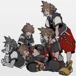  armor blue_eyes brown_hair crown_(symbol) fingerless_gloves gloves hands_on_another&#039;s_shoulders highres hood hooded_jacket hoodie jacket kingdom_hearts kingdom_hearts_3d_dream_drop_distance kingdom_hearts_i kingdom_hearts_ii kingdom_hearts_iii multiple_persona oimo_(oimkimn) shoulder_armor simple_background sitting sleeping smile sora_(kingdom_hearts) spiked_hair super_smash_bros. v-neck 