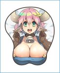  1girl :d animal_ears areola_slip areolae bell breasts brown_gloves cleavage commentary cow_ears cow_girl cow_horns cowbell english_commentary gloves green_eyes hands_up horns huge_breasts looking_at_viewer lying mousepad_(medium) neko_hole on_back open_mouth pink_hair shina_(neko_hole) smile solo teeth upper_teeth vins-mousseux 