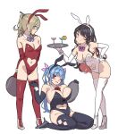  3girls alternate_costume animal_ears aqua_eyes arms_behind_back bangs bare_shoulders bent_over black_hair blonde_hair blue_hair blush bow bowtie breasts clothing_cutout cocktail_glass collarbone commentary_request cup detached_collar drill_hair drinking_glass elbow_gloves eyebrows_visible_through_hair fake_animal_ears full_body gloves hair_ribbon hand_on_hip hatakaze_(kancolle) high_heels highres holding holding_tray i-19_(kancolle) kantai_collection large_breasts leotard long_hair looking_at_viewer multicolored_hair multiple_girls naganami_(kancolle) navel_cutout one_eye_closed pink_hair playboy_bunny ponytail rabbit_ears rabbit_tail red_eyes ribbon satsuki_neko simple_background sitting skindentation smile standing star-shaped_pupils star_(symbol) strapless symbol-shaped_pupils tail thighhighs tray two-tone_hair wavy_hair white_background wine_glass wrist_cuffs yellow_eyes 