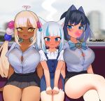  3girls :3 animal_ears artist_name bangs black_skirt blonde_hair blue_dress blue_eyes blue_hair blush bra bra_visible_through_clothes breasts bubble_blowing button_gap cat_ears chewing_gum collared_shirt dark-skinned_female dark_skin dress dress_shirt eyebrows_visible_through_hair flat_chest full-face_blush gawr_gura girl_sandwich hair_intakes head_steam highres hololive hololive_english lace-trimmed_bra lace_trim large_breasts limiter_(tsukumo_sana) long_hair multicolored_hair multiple_girls ouro_kronii ribbon sandwiched see-through see-through_shirt shirt side_ponytail silver_hair skirt smile streaked_hair sweat tsukumo_sana twintails underwear virtual_youtuber wllmagic yellow_eyes yuri 