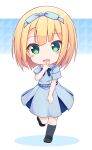  1girl 22/7 :o black_footwear black_legwear blonde_hair blue_bow bow braid chibi dress eyebrows_visible_through_hair green_eyes hair_ornament hair_ribbon highres looking_at_viewer mocchii open_mouth ribbon saitou_nicole school_uniform short_hair single_braid 