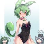  3girls :d animal_ear_fluff animal_ears bangs bare_arms bare_shoulders black_leotard blush breasts brown_eyes cleavage closed_mouth commentary_request covered_navel eyebrows_visible_through_hair green_hair green_hairband grey_hair hair_between_eyes hairband highres japanese_clothes kimono leotard long_hair looking_at_viewer low_ponytail multiple_girls nose_blush open_mouth personification playboy_bunny ponytail ryogo small_breasts smile strapless strapless_leotard sweat touhoku_itako touhoku_zunko very_long_hair voiceroid white_kimono zundamon 
