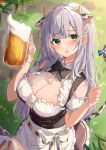  1girl absurdres alcohol amefukura_art animal_ears apron bangs beer beer_mug black_bow black_bowtie blush bow bowtie breasts brown_skirt cleavage commentary_request cow_ears cow_horns cow_tail cup day detached_collar detached_sleeves dirndl eyebrows_visible_through_hair frilled_apron frilled_skirt frills german_clothes grass green_eyes highres holding holding_cup hololive horns large_breasts long_hair looking_at_viewer mug outdoors shirogane_noel short_sleeves silver_hair skirt solo tail teeth upper_teeth very_long_hair virtual_youtuber white_apron 