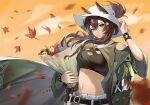  1girl animal_ears arknights arm_up autumn autumn_leaves bare_shoulders belt bouquet bracelet breasts brown_hair closed_mouth cloud coat cowboy_shot crop_top flower green_coat green_eyes grey_hair hair_ornament hand_on_headwear highres holding holding_bouquet horse_ears jewelry large_breasts leaf long_hair long_sleeves looking_at_viewer maple_leaf meteor_(arknights) meteor_(bard&#039;s_holiday)_(arknights) motion_blur multicolored_hair navel official_alternate_costume open_clothes open_coat outdoors ponytail rose short_ponytail smile solo star_(symbol) star_hair_ornament stomach two-tone_hair ufoliving white_flower white_headwear white_rose wind yellow_sky 