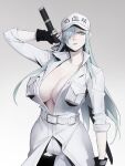  1girl bangs baseball_cap black_gloves breasts collarbone commentary_request dongho_kang fingerless_gloves gloves gradient gradient_background grey_background grey_hair hair_over_one_eye hat hataraku_saibou hataraku_saibou_black highres holding holding_sword holding_weapon jacket large_breasts long_hair looking_at_viewer no_bra pants silver_hair simple_background solo sword u-1196 weapon white_blood_cell_(hataraku_saibou) white_jacket white_pants 