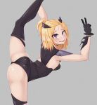  1girl ass black_gloves blonde_hair eyebrows_visible_through_hair flip_flappers gloves grey_background highres leg_up looking_at_viewer multicolored_hair parted_lips pink_hair purple_eyes short_hair short_ponytail simple_background smile solo split standing standing_on_one_leg standing_split streaked_hair teeth upper_teeth v yayaka young_savage 