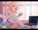  1girl aki_rosenthal bangs bare_shoulders barefoot blonde_hair blue_eyes blue_shorts bob_cut camisole computer eyebrows_visible_through_hair feet headgear highres holding holding_screwdriver hololive knee_up laptop looking_at_viewer loungewear pajamas parted_bangs parted_lips screwdriver short_hair shorts single_thighhigh sitting slippers soles solo spaghetti_strap surprised thighhighs toes translation_request twitter virtual_youtuber white_legwear yoshikawa_hiro 