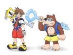  2boys banjo-kazooie banjo_(banjo-kazooie) blue_eyes brown_hair fingerless_gloves gloves glowing highres honegisu_jijii jewelry keyblade kingdom_hearts kingdom_hearts_i kingdom_key male_focus multiple_boys necklace open_mouth short_hair simple_background smile sora_(kingdom_hearts) spiked_hair super_smash_bros. weapon 