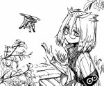  1girl arknights armband commentary drone eyebrows_visible_through_hair feather_hair greyscale hand_up jacket looking_at_viewer monochrome owl_ears plant rhine_lab_logo short_hair silence_(arknights) simple_background sketch solo twitter_username underwear upper_body white_background yom_(ymayma00ss) 