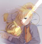  1girl bangs blonde_hair commentary_request dated enjienjin eyebrows_visible_through_hair flower grey_shirt hair_tie highres long_hair long_sleeves lying on_side one_eye_closed parted_lips pikachu pink_flower pokemon pokemon_(creature) pokemon_adventures shadow shiny shiny_hair shirt tied_hair tunic upper_body yellow_(pokemon) 