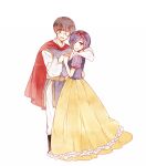  1boy 1girl bangs blush bow cape commentary_request cosplay dress eyepatch frills full_body hair_bow hair_over_one_eye hands_up hetero holding_hands kaneki_ken kirishima_touka open_mouth puffy_sleeves red_bow red_cape short_hair short_sleeves simple_background smile snow_white_(disney) snow_white_(disney)_(cosplay) snow_white_and_the_seven_dwarfs striped_sleeves the_prince_(disney) the_prince_(disney)_(cosplay) tokyo_ghoul toukaairab white_background white_eyepatch 