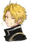  1boy ;) absurdres bangs black_jacket blonde_hair boku_no_hero_academia commentary_request cropped_shoulders from_side grin hair_ornament highres jacket kaminari_denki looking_at_viewer looking_to_the_side male_focus multicolored_clothes multicolored_jacket notice_lines one_eye_closed shiny shiny_hair short_hair simple_background smile solo tena_(tena_0711) two-tone_jacket white_background 
