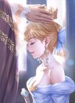  1boy 1girl absurdres artoria_pendragon_(fate) bangs bare_shoulders blonde_hair blue_ribbon blurry blurry_background bow braid breasts choker cleavage closed_eyes closed_mouth crown dress earrings fate/grand_order fate_(series) from_side fur_trim hair_bow highres holding holding_crown hua-j instrument jewelry long_sleeves medium_breasts profile purple_bow ribbon saber shiny short_hair smile 