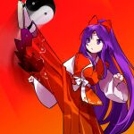  1girl :o bow hair_bow hakama hakama_pants hakurei_reimu hakurei_reimu_(pc-98) highly_responsive_to_prayers highres japanese_clothes kaigen_1025 kicking long_hair miko orb pants ponytail purple_eyes purple_hair red_bow red_hakama sandals sash tabi touhou touhou_(pc-98) very_long_hair white_legwear white_sash white_sleeves wide_sleeves yin_yang yin_yang_orb 