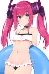  1girl bare_shoulders bikini bikini_skirt blue_eyes blush bow breasts chestnut_mouth commentary_request curled_horns dragon_girl dragon_horns dragon_tail elizabeth_bathory_(fate) elizabeth_bathory_(fate/extra_ccc) eyebrows_visible_through_hair fang fate/extella fate/extella_link fate/extra fate/grand_order fate_(series) frilled_bikini frills hair_between_eyes hair_ribbon highres horns innertube long_hair looking_at_viewer navel parted_lips pink_hair pointy_ears ribbon shimejirou_(000kk) sidelocks small_breasts smile solo swimsuit tail two_side_up white_bikini white_bow 