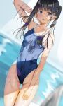  1girl arm_at_side arm_up bangs black_hair blue_eyes blue_swimsuit blunt_bangs breasts collarbone commentary_request competition_swimsuit covered_navel dutch_angle eyebrows_visible_through_hair groin highleg highleg_swimsuit highres long_hair one-piece_swimsuit open_mouth original pool pool_ladder sakura_yuu_(hzjy8485) school_swimsuit school_uniform small_breasts solo spread_legs swimsuit thigh_gap thighs twintails wet 