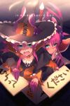  2girls armor asymmetrical_horns bangs bikini_armor blue_eyes blush box breasts cape cardboard_box curled_horns dragon_girl dragon_horns dragon_tail dress dual_persona echo_(circa) elizabeth_bathory_(brave)_(fate) elizabeth_bathory_(fate) elizabeth_bathory_(halloween_caster)_(fate) fate/grand_order fate_(series) hair_ribbon hat horns in_box in_container long_hair looking_at_viewer multiple_girls open_mouth pauldrons pink_hair pointy_ears red_armor ribbon shoulder_armor small_breasts smile striped striped_dress sword tail two_side_up vertical-striped_dress vertical_stripes weapon white_cape witch_hat 