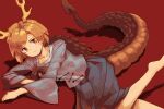  1girl antlers bare_legs barefoot blonde_hair blue_shirt blue_sky closed_mouth collarbone dragon_girl dragon_horns dragon_tail feet_out_of_frame highres horns kicchou_yachie long_skirt long_sleeves lying red_background shirt short_hair skirt sky tail touhou turtle_shell wasabisuke wide_sleeves yellow_eyes 