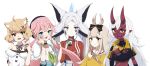  5girls :3 absurdres akumi_(yoclesh) animal_ear_fluff animal_ears bangs black_bow black_collar blush bow breasts cat_ears collar colored_skin cup dog_ears dog_girl dyarikku_(vtuber) english_commentary food fork fruit hair_behind_ear hair_bow head_tilt highres holding holding_cup holding_food holding_fork holding_fruit horns looking_to_the_side medium_breasts multiple_girls oni_horns open_mouth pointy_ears rae_laveire_(artist) red_skin shyrei_faolan smile v-shaped_eyebrows vguyen virtual_youtuber watermelon_slice yenko_(vtuber) yuniiho_(vtuber) 