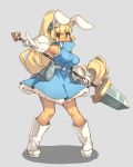  1girl :d animal_ears ankle_boots armor blonde_hair blue_dress boots breasts brown_eyes commentary dress english_commentary faulds full_body gloves grey_background highres holding holding_polearm holding_weapon large_breasts long_hair looking_at_viewer open_mouth original pointing pointing_at_viewer polearm ponytail rabbit_ears rabbit_girl simple_background smile solo spear standing vins-mousseux weapon white_footwear white_gloves 
